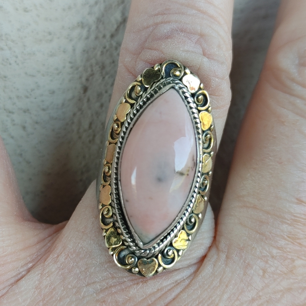 Peruvian Opal Gemstone Ring in 925 Sterling Silver w. Gold Vermeil (Snug 7)